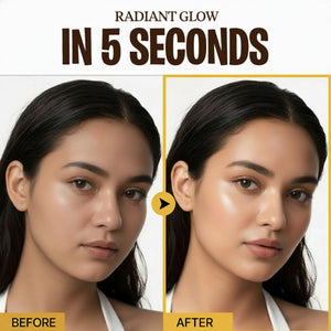 Before and after comparison of a woman's face with text 'Radiant Glow In 5 Seconds' on a white background.