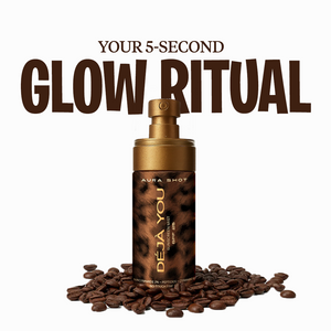 Deja You Aura Shot bottle with coffee beans and text 'Your 5-Second Glow Ritual' on a white background