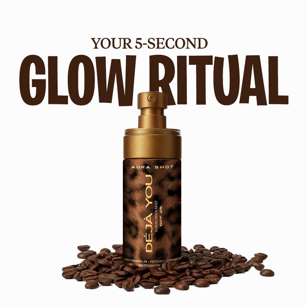 Deja You Aura Shot bottle with coffee beans and text 'Your 5-Second Glow Ritual' on a white background