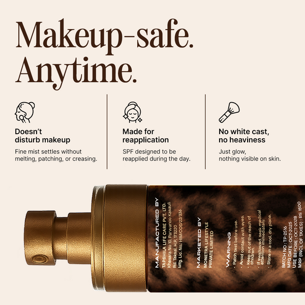 Makeup-safe product with features listed on a beige background
