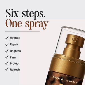Skincare spray bottle with text on six steps and benefits on a white background