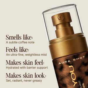 Gold spray bottle with text describing product features on a beige background