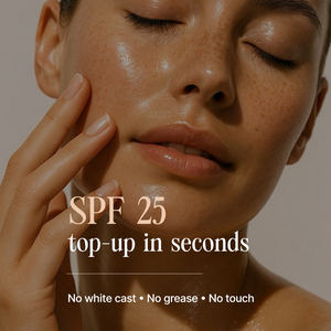 Woman applying sunscreen with text 'SPF 25 top-up in seconds' on a beige background